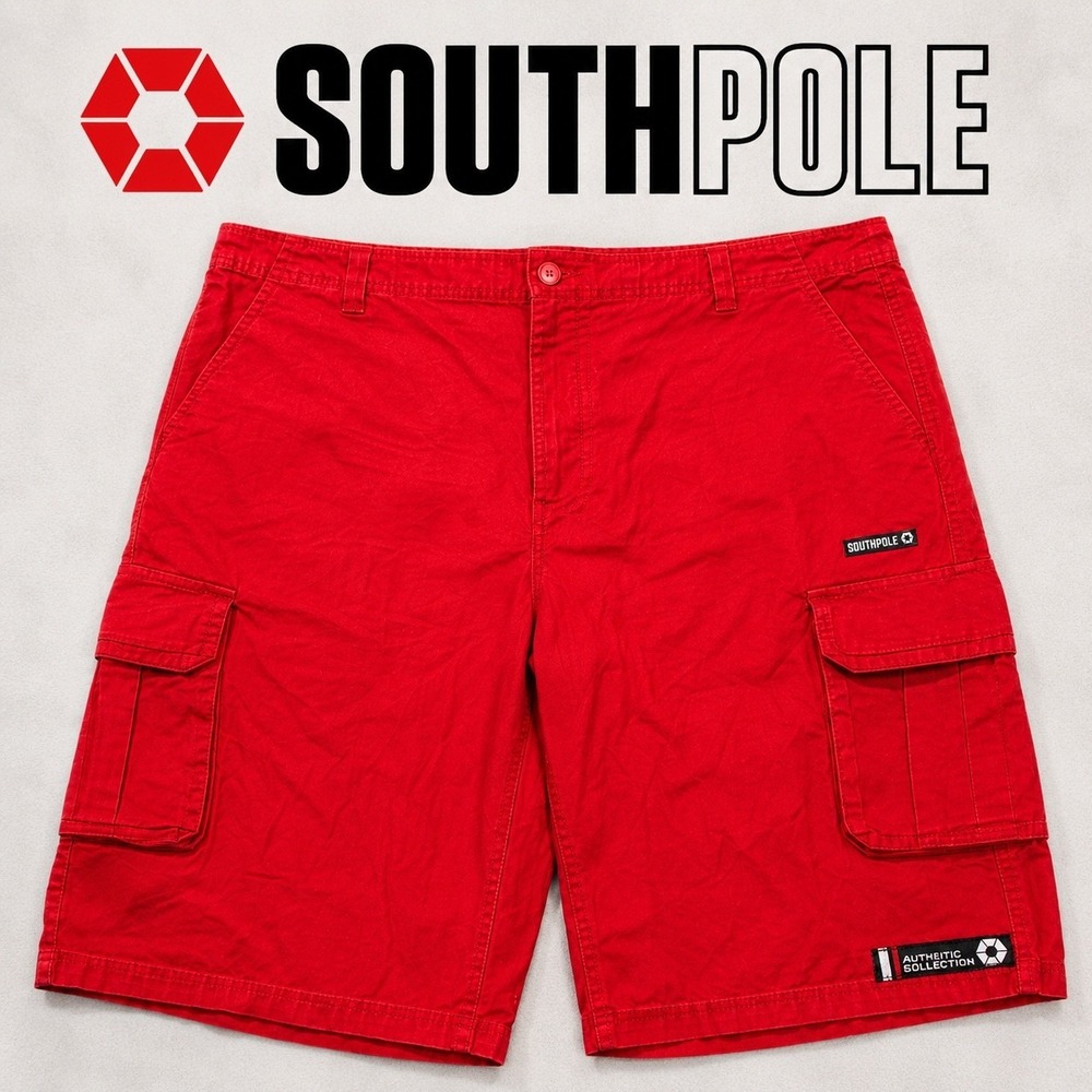 Southpole Y2K Mens Red Cargo Shorts Size 44 Hip Hop Streetwear Skater Baggy
